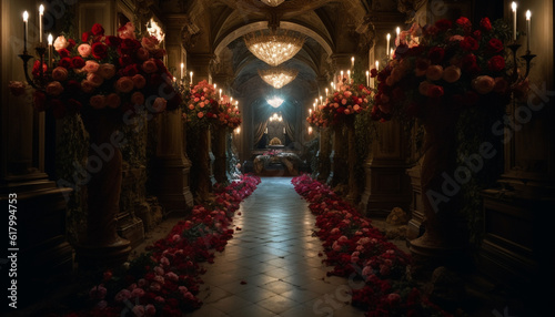 Inside famous place  altar decoration with flower vase and candle generated by AI
