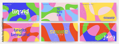 Creative covers or horizontal posters in modern minimal style for corporate identity, branding, social media ads, promo. Modern layout design templates with dynamic overlay colorful liquid shapes