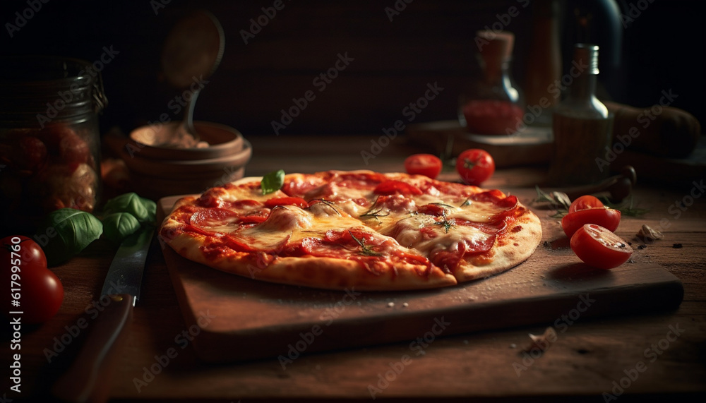 Rustic pizza baked on wooden table with fresh mozzarella and vegetables generated by AI