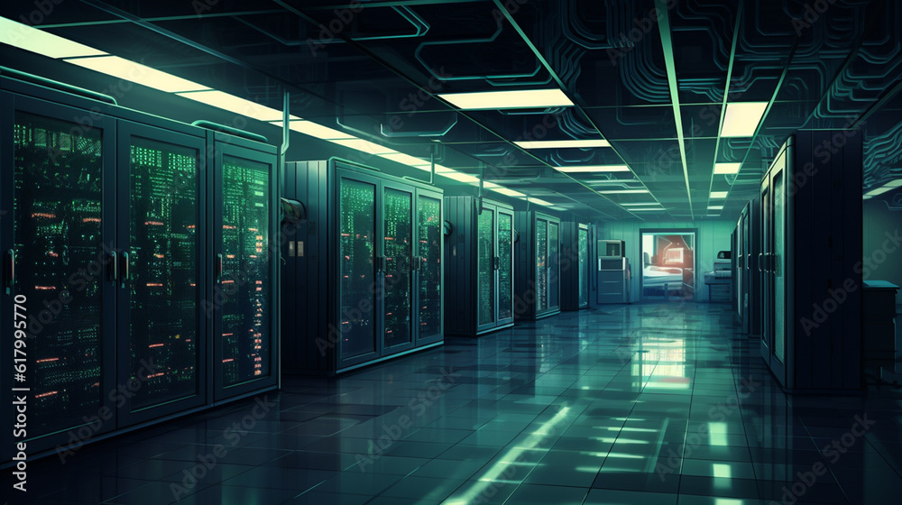 Huge modern server room, Information digitalization lines streaming through servers. SAAS, Cloud Computing, Web Service, Cloud storage server. Generative ai. Huge modern server room, Information digitalization lines streaming through servers. SAAS, Cloud Computing, Web Service, Cloud storage server. Generative ai.