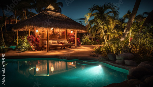 Luxury resort with poolside bungalows, palm trees, and tranquil nature generated by AI