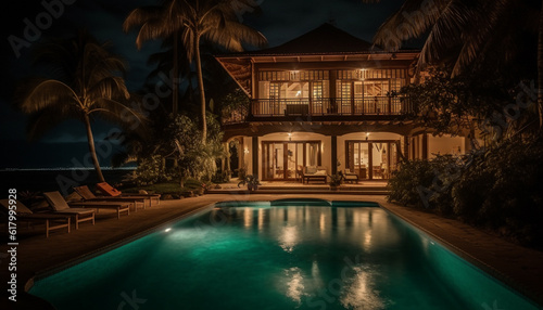 Luxury hotel with infinity pool, illuminated by sunset blue light generated by AI © Jemastock