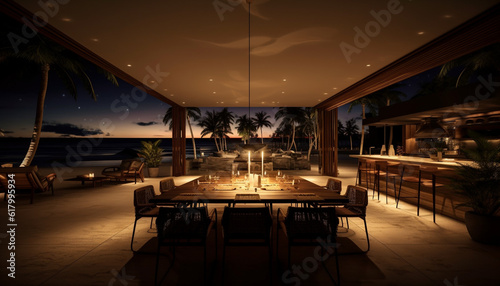 Luxury resort with modern design, tropical nature, and elegant lighting generated by AI