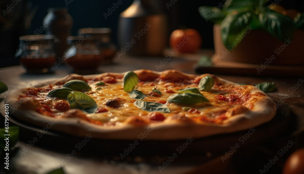 Freshly baked pizza on rustic wood table with mozzarella and tomato generated by AI Freshly baked pizza on rustic wood table with mozzarella and tomato generated by AI