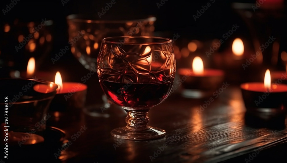 Candlelit celebration with whiskey, wine, and glowing elegance indoors generated by AI Candlelit celebration with whiskey, wine, and glowing elegance indoors generated by AI