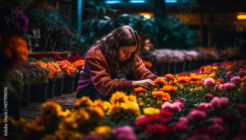 Caucasian florist smiling, choosing multi colored flowers for small business store generated by AI