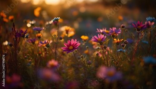 Vibrant wildflower meadow in non urban landscape at sunset generated by AI
