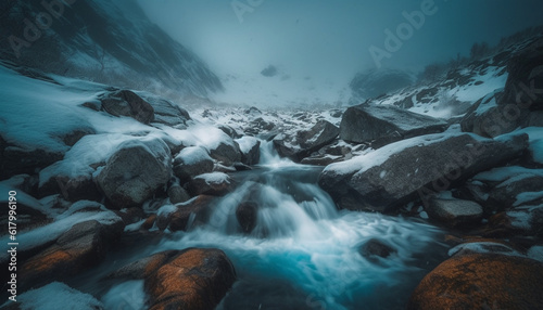 Tranquil scene of majestic mountain range  blurred motion of flowing water generated by AI