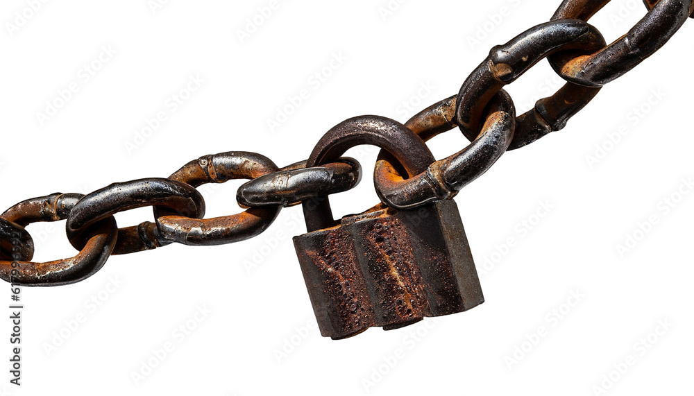 An old rusty padlock closed on a massive chain on transparent background An old rusty padlock closed on a massive chain on transparent background