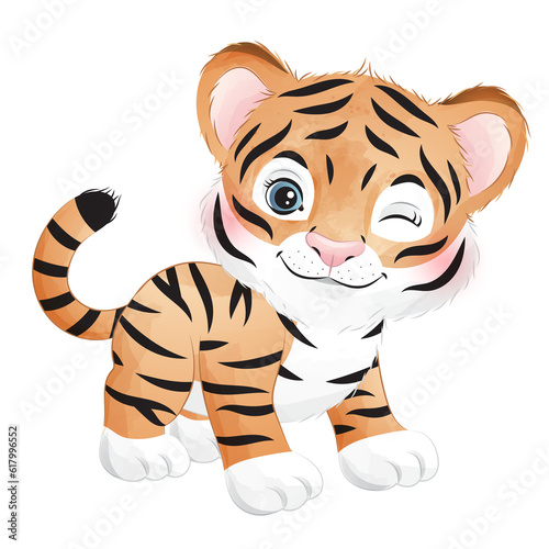 Fototapeta Naklejka Na Ścianę i Meble -  Cute tiger poses watercolor illustration