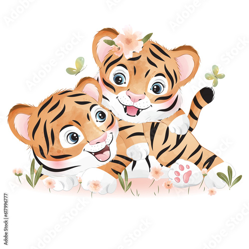 Fototapeta Naklejka Na Ścianę i Meble -  Cute lovely tigers with flower watercolor illustration
