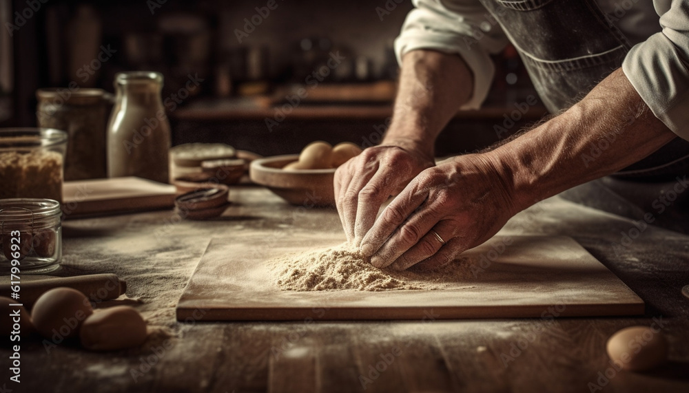 Man prepares fresh homemade pastry dough in rustic domestic kitchen generated by AI