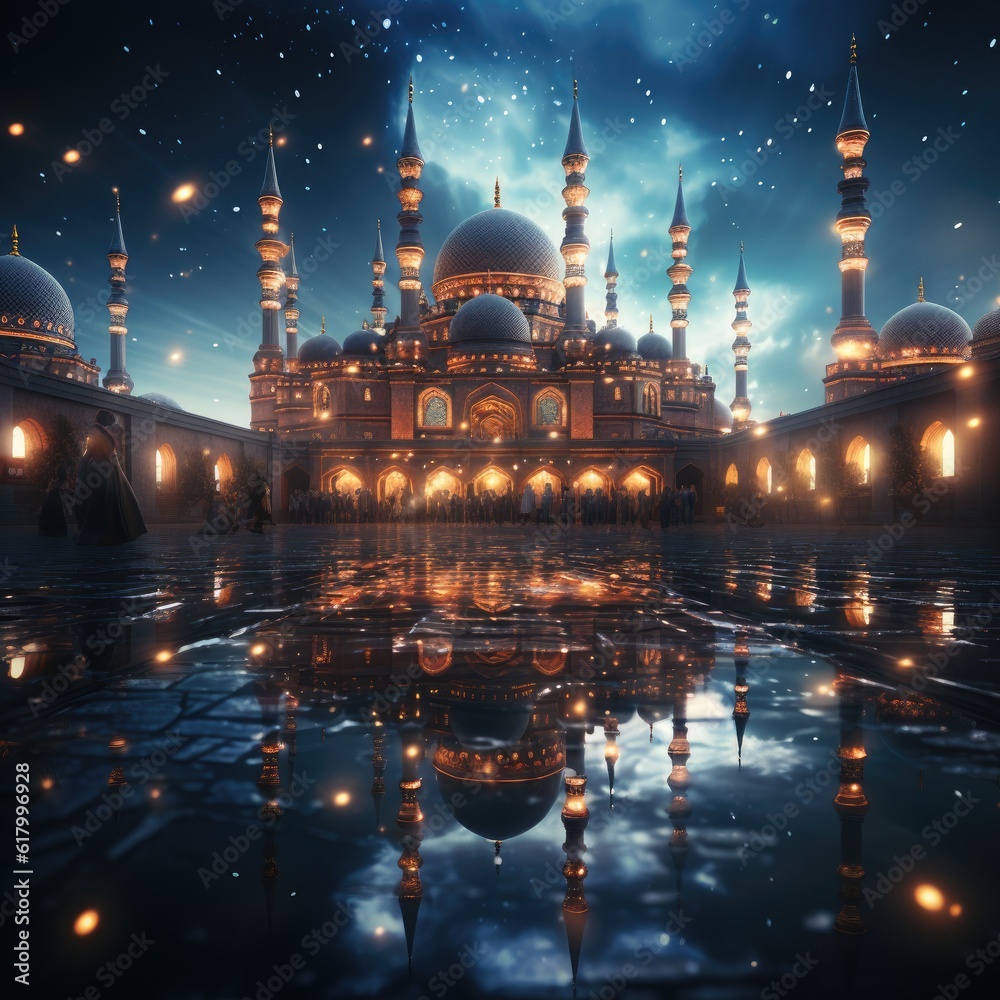 a picture of a beautiful mosque at night