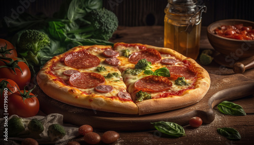 Rustic Italian pizza baked with fresh mozzarella and vegetables on wood table generated by AI