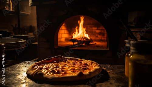 Rustic homemade pizza baked in wood burning stove indoors generated by AI