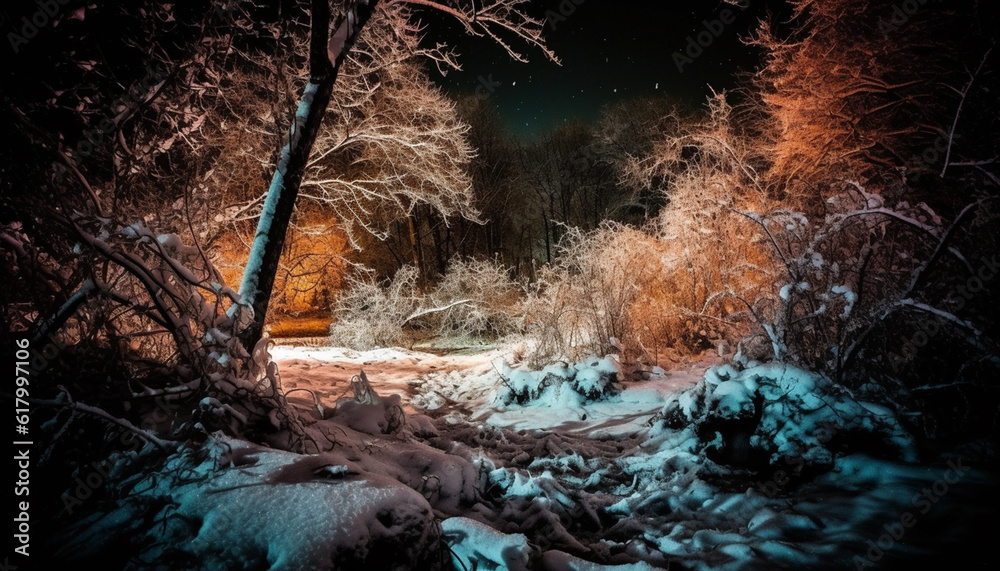 Tranquil scene of a winter forest with snow covered trees generated by AI