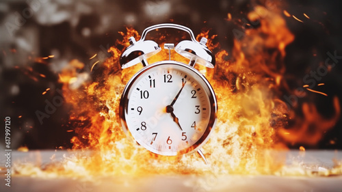 爆発し燃え上がる時計 clock exploded on fire. Created by generative AI