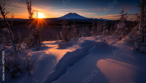 Tranquil winter landscape majestic mountain peak, frozen forest, tranquil water generated by AI