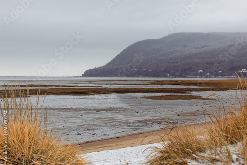 vue d'une côte avec une colline lors d'une journée grise avec un fleuve en avant plan en été lors d'une marée basse