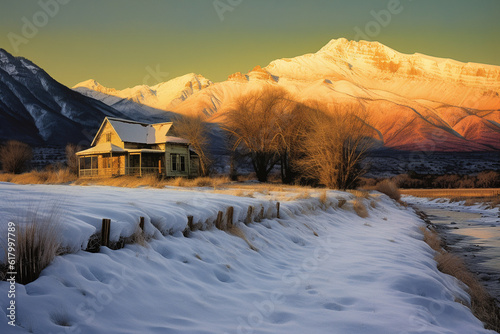 Old house winter sunset