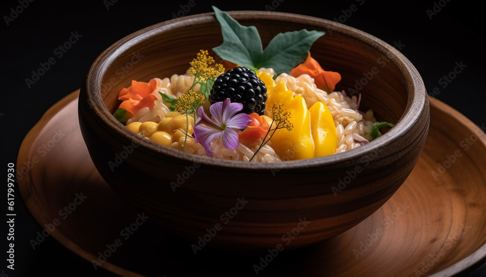 Fresh gourmet meal with healthy eating salad and seafood appetizer generated by AI Fresh gourmet meal with healthy eating salad and seafood appetizer generated by AI