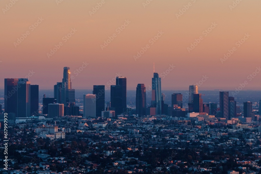 city skyline at sunset Los Angeles