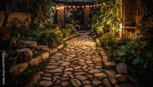 Tranquil dusk illuminates old fashioned lantern in formal garden greenery generated by AI