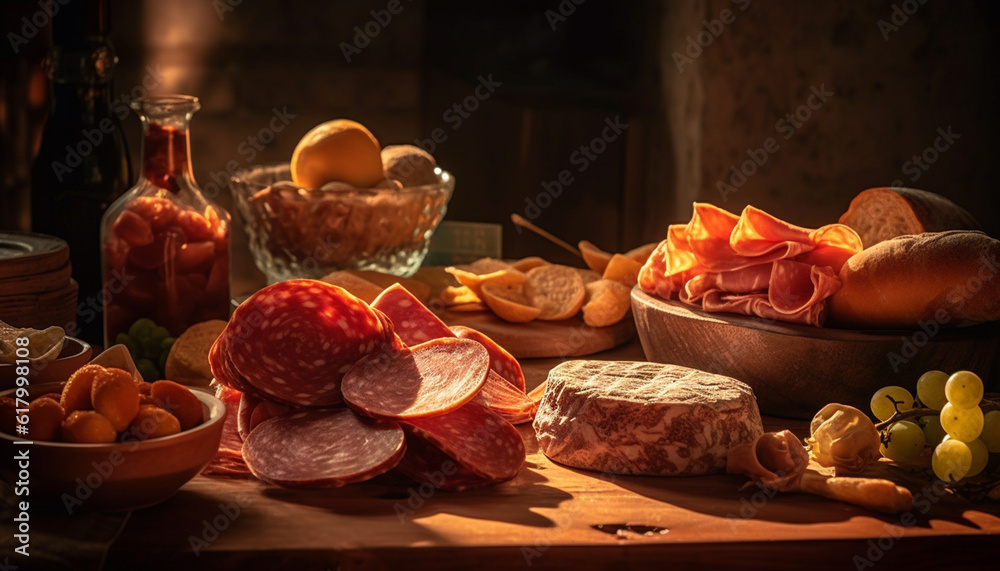 Rustic table with gourmet appetizers and wine generated by AI