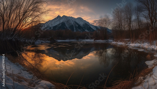 Tranquil scene of majestic mountain range reflected in frozen pond generated by AI © Jemastock