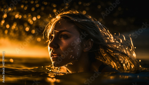 Young woman splashing in swimming pool, enjoying summer fun generated by AI