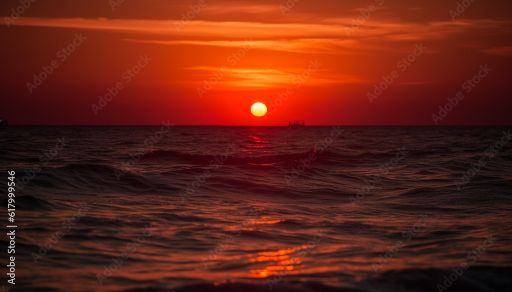 Vibrant sunset over tranquil seascape, reflecting beauty in nature generated by AI