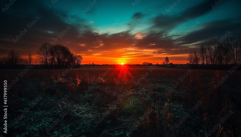 Tranquil sunset silhouettes tree, meadow, and horizon over land generated by AI