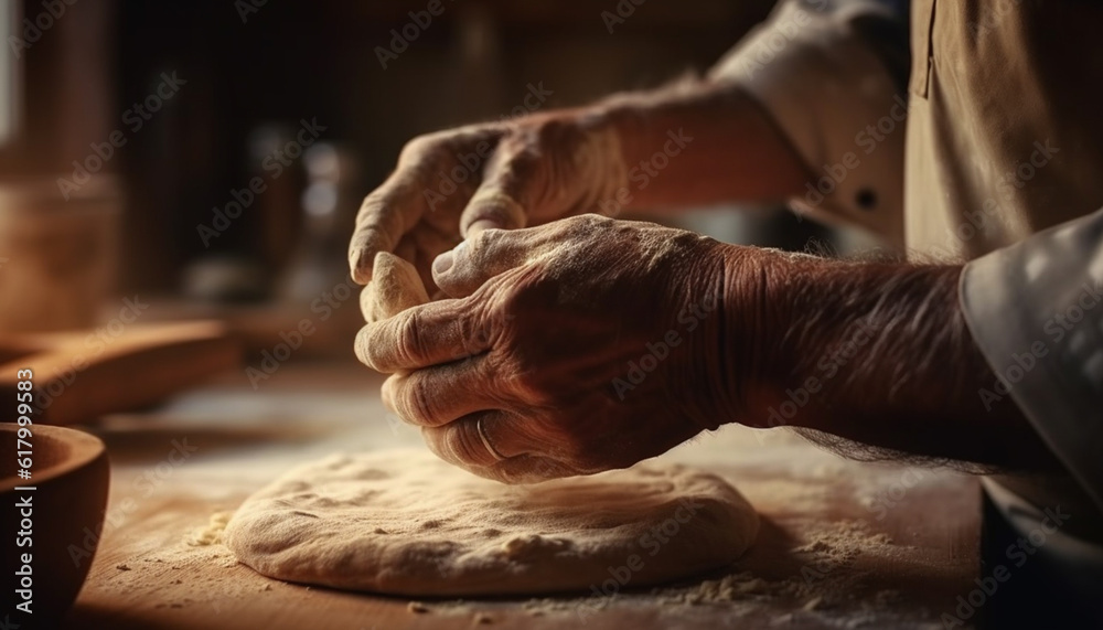 Senior man kneading dough on table in homemade kitchen craft generated by AI