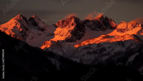 Majestic mountain range, panoramic sunset, tranquil scene, high up adventure generated by AI © Jemastock