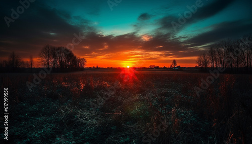 Tranquil sunset silhouettes tree  meadow  and horizon over land generated by AI