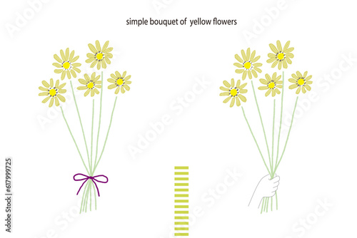 黄色い花のシンプルな花束、手に持っているタイプとリボンのセット