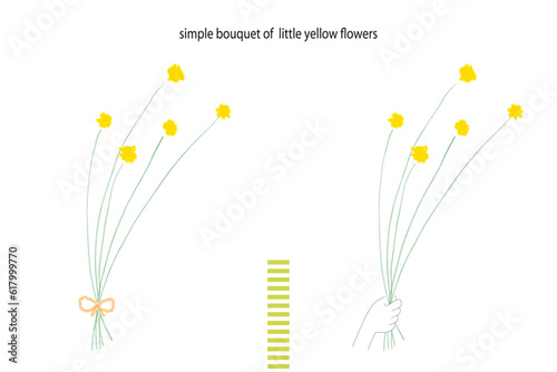 小さい黄色い花の花束、手に持っているタイプとリボンのセット