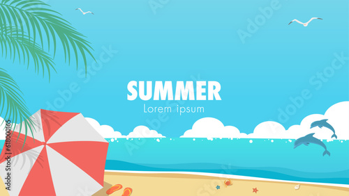 夏の海と空のイラスト　イルカやカモメがいる南国ビーチのバナー背景