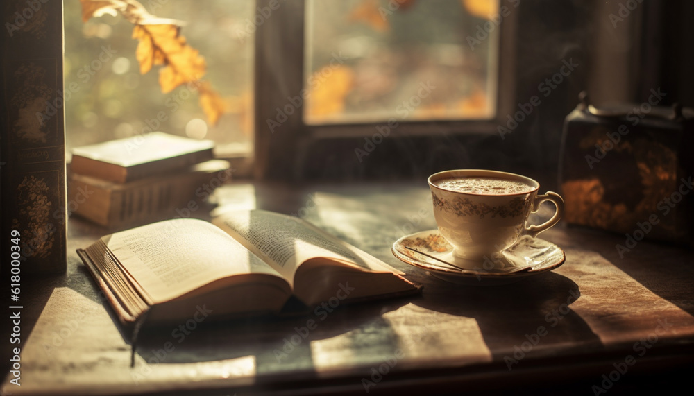 Old fashioned coffee table holds literature and hot cappuccino for relaxation generated by AI