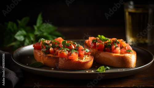 Toasted ciabatta with fresh tomato, herb, and mozzarella canape generated by AI