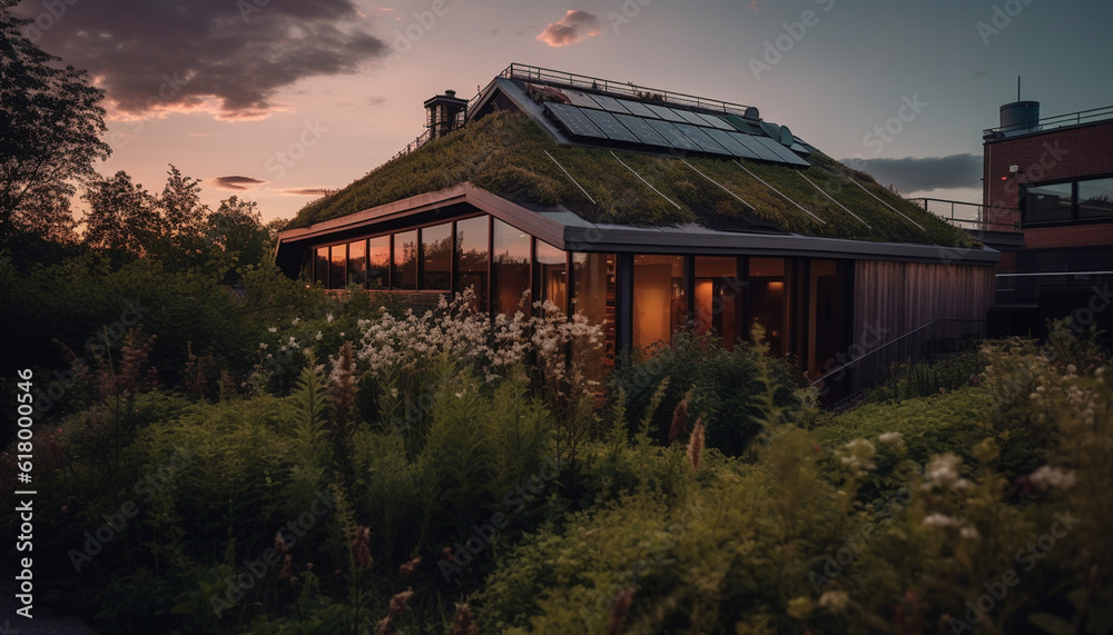Sunset illuminates modern architecture in rural landscape with natural beauty generated by AI Sunset illuminates modern architecture in rural landscape with natural beauty generated by AI
