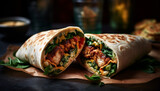 Freshly grilled beef wrapped in a warm tortilla with vegetables generated by AI