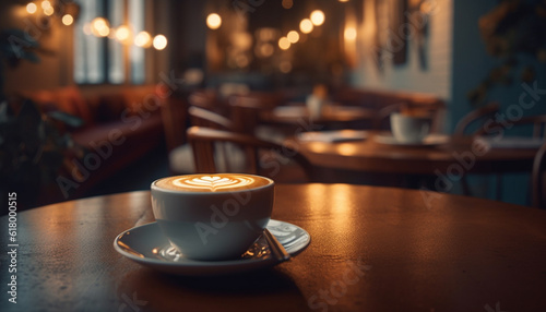 Rustic coffee shop serves frothy cappuccino on wooden saucer indoors generated by AI