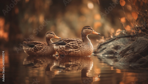 Mallard duck family enjoys tranquil pond outdoors generated by AI © Jemastock