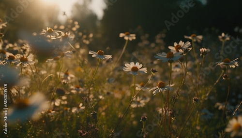Idyllic meadow showcases chamomile plant multi colored beauty at sunset generated by AI © Jemastock