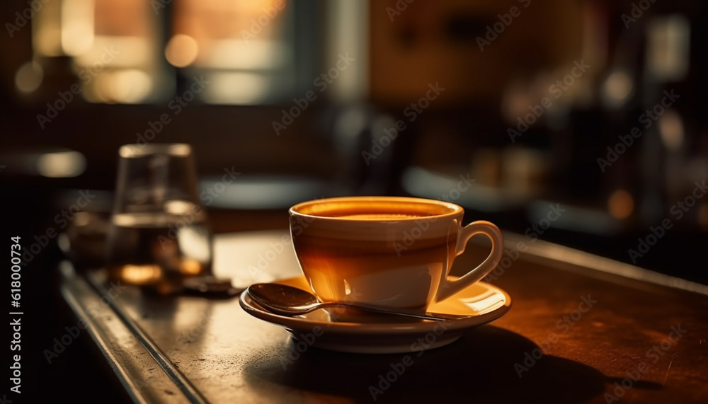 Fototapeta premium Freshly brewed coffee in a cozy modern kitchen, steam rising generated by AI