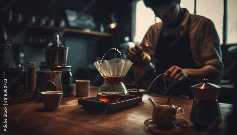 Male barista making coffee, pouring latte with fresh craftsmanship indoors generated by AI Male barista making coffee, pouring latte with fresh craftsmanship indoors generated by AI
