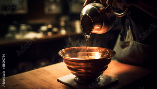 Barista pouring hot coffee into a mug, creating steam generated by AI