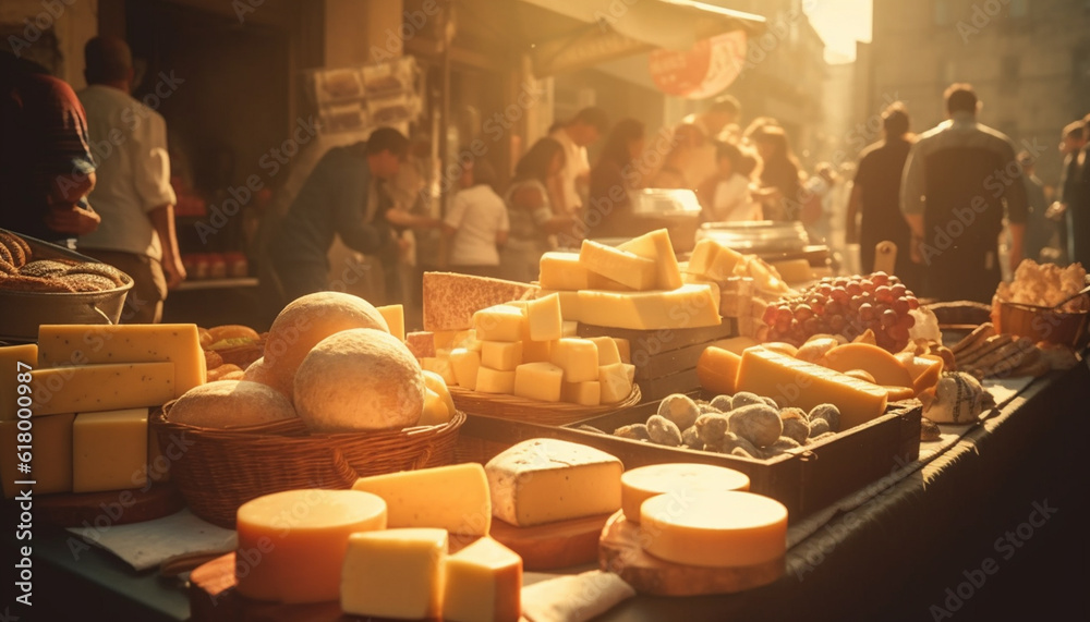 Fresh dairy products and gourmet French food sold at street markets generated by AI