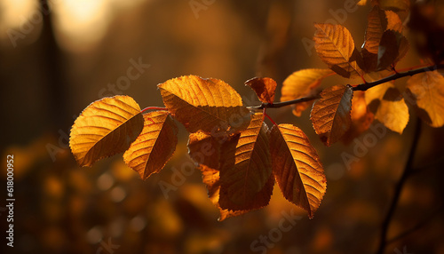 Vibrant autumn foliage in close up, backlit by sunlight generated by AI